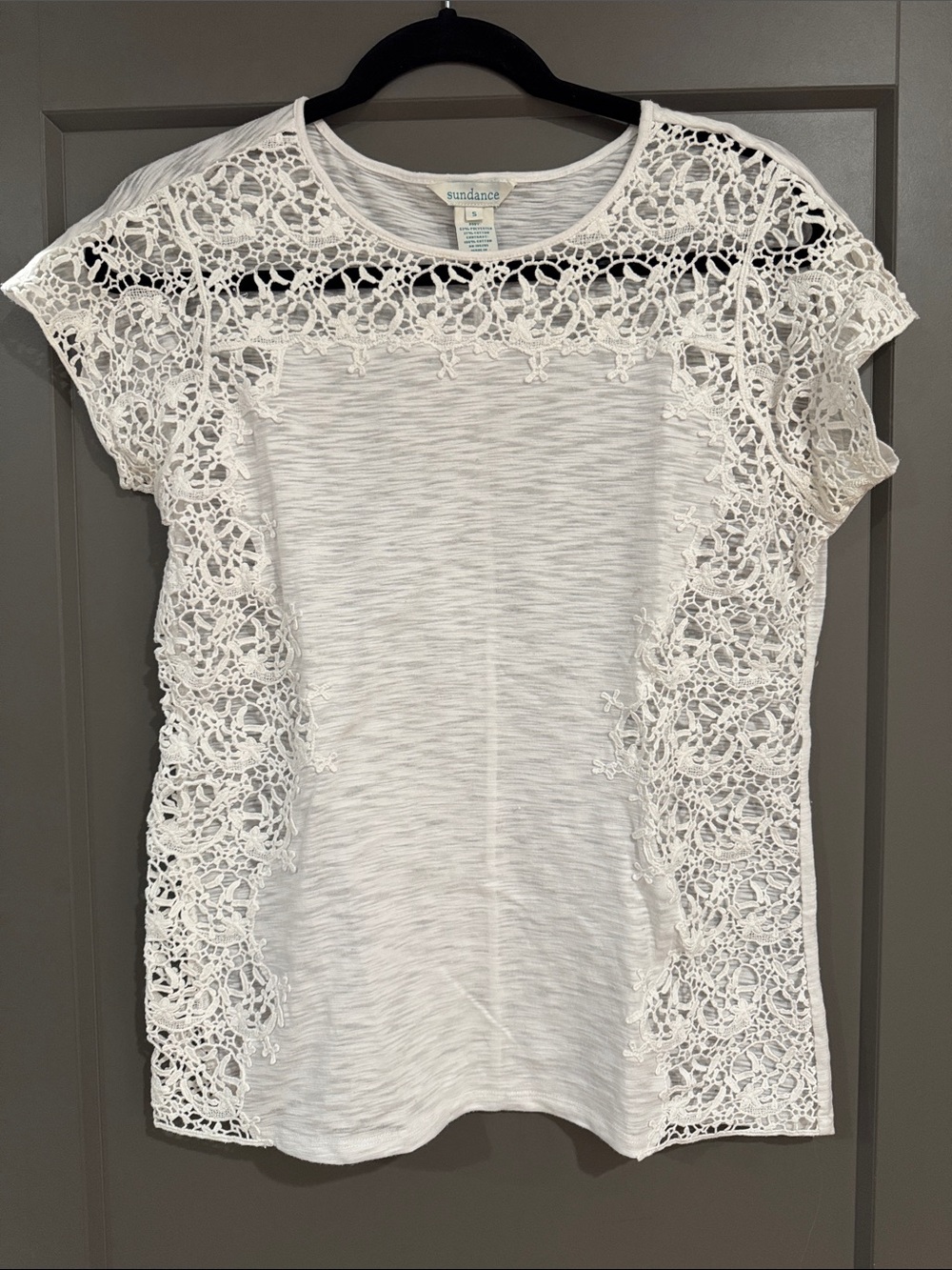 Sundance White Crochet Panel Short Sleeve Top - Picture 2 of 6